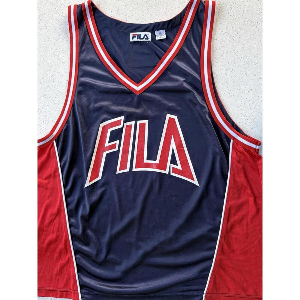 Vtg FILA Tank Top Shirt Mens XL Dazzle Basketball Jersey Blue Satin 90s Shiny